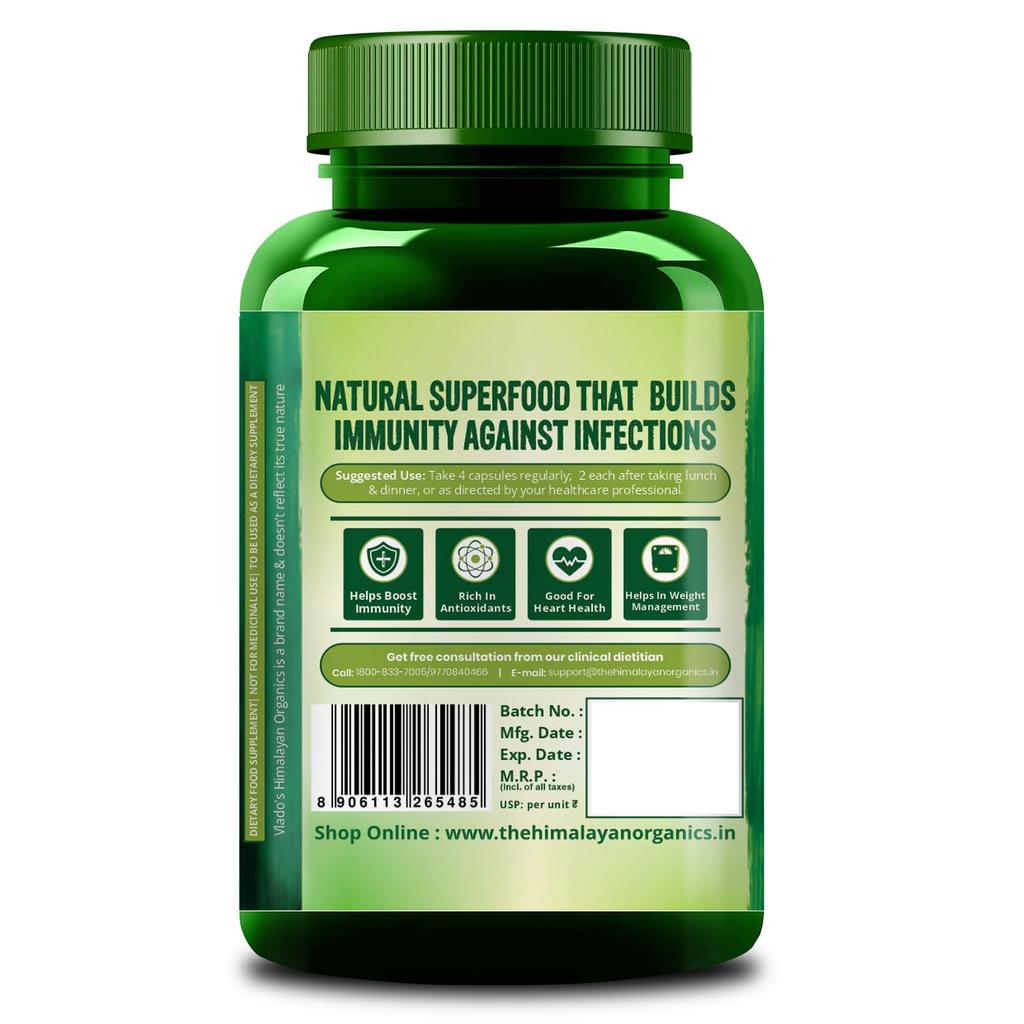 Vlado's Himalayan Organics Spirulina 2000 mg na porci - 10 rostlinných kapslí Superpotravina pro zvýšení energie