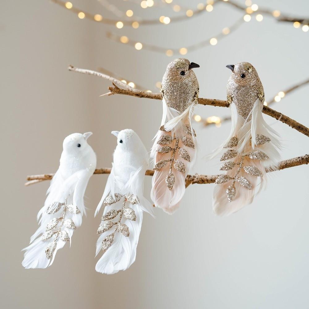 1pair Long Feather Tail Artificial Bird Ornament Glitter Finish Feather Bird Pendant Christmas Tree