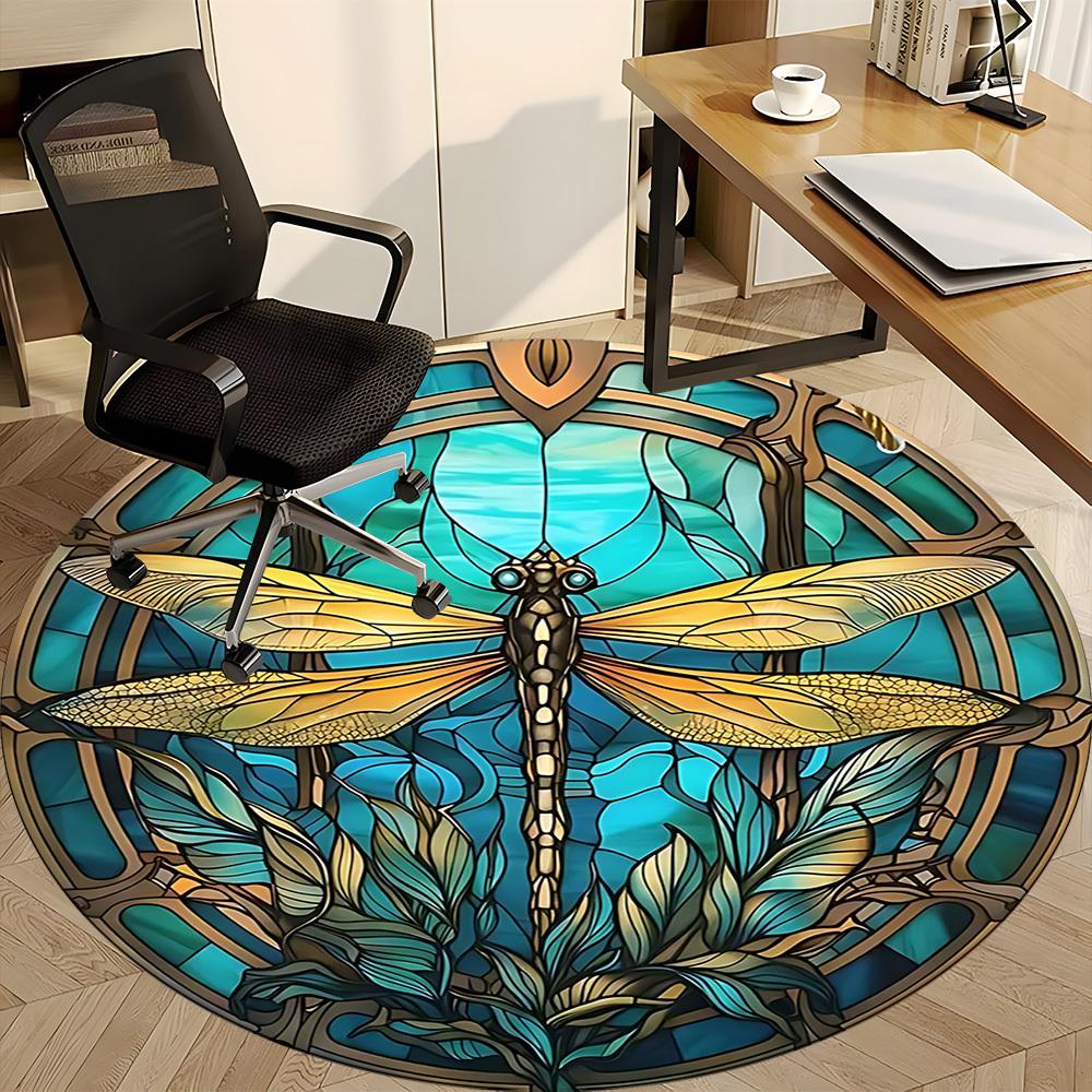 1PC Dragonfly StainedGlass Office Round Area Rug, Mat Suitable ForOffice, Under Office Chairs Bedroom Living Room Home Decor, Room Deco