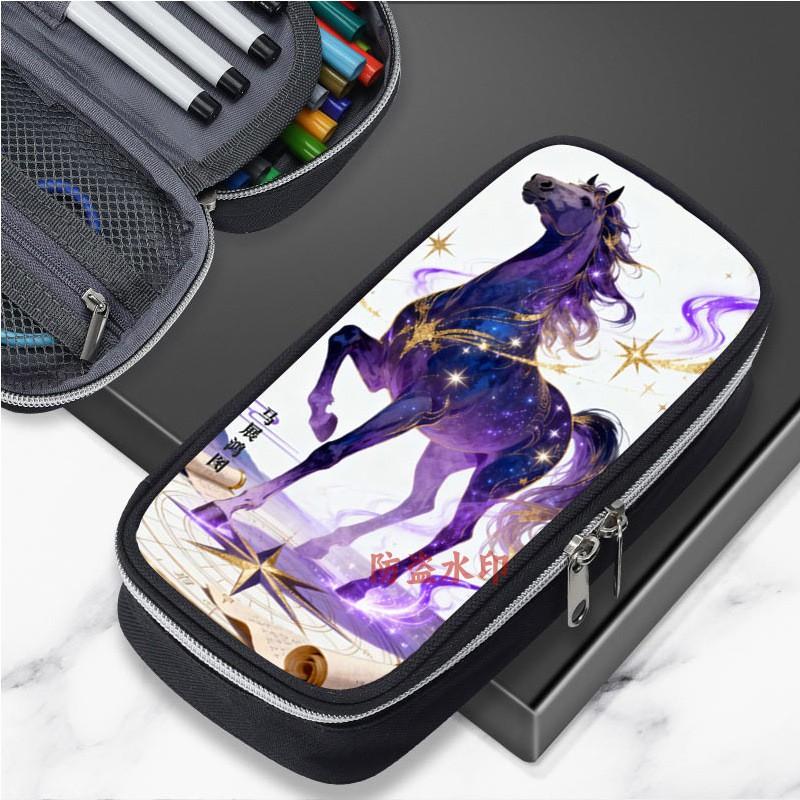 Cartoon Horse Zodiac Pencil Case Kids Boys Girls Nylon Stationery Organizer School Supplies