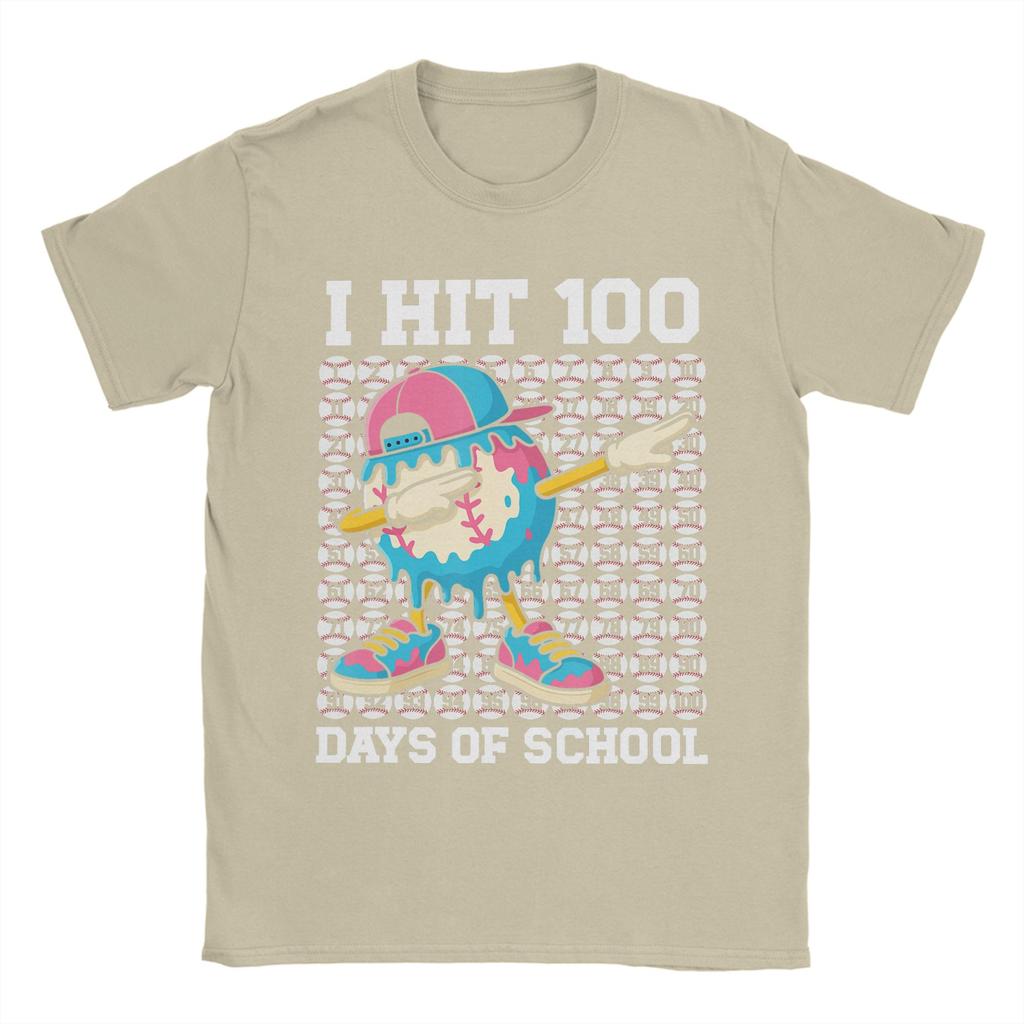 Men TShirt I Hit 100 Days of School Baseball Ice Cream Drip Cotton Tee Shirt Short Sleeve T Shirts Round Collar Tops Original