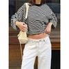 Damen gestreiftes Langarm-T-Shirt locker übergroß Rundhalsausschnitt Freizeit Kontrastfarbe Vintage Basic T-Shirt Top
