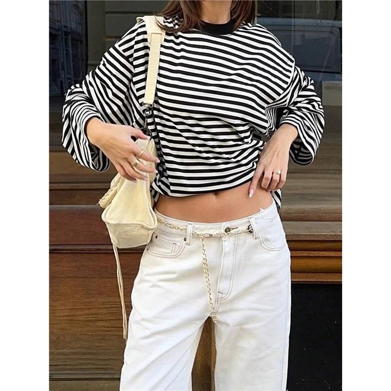Damen gestreiftes Langarm-T-Shirt locker übergroß Rundhalsausschnitt Freizeit Kontrastfarbe Vintage Basic T-Shirt Top