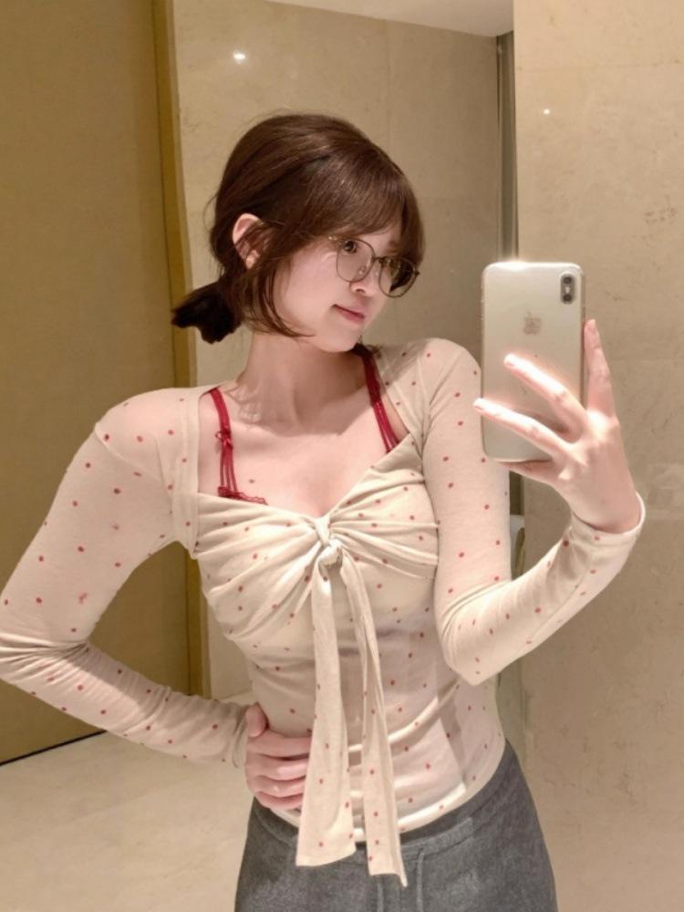 260g Cotton Modal Polka Dot Square Neck Lace-Up Bow Long Sleeve Slimming Top