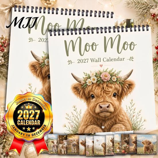 Yearly Planning Calendar 2027 Highland Cow Wall Calendar, Funny Farmhouse Animal Rustic Thick Paper Office Schedule 12 Monthly Planner for Lovers,