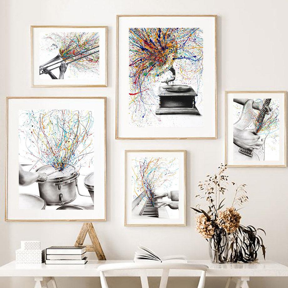 Gitary Pianino Perkusja Skrzypce Trąbka Gramofon Sztuka Ścienna Płótno Malarstwo Nordyckie Plakaty I Wydruki Obrazy Do Wystroju Salonu