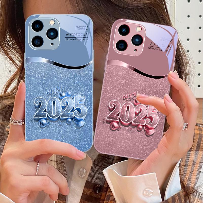 Colorful New Year 2025 For IPhone 16 Pro Max 15 Pro 14 13 12 Mini 11 XS Max XR 7 8 Plu SE 2022 Tempered Glass Phone Case