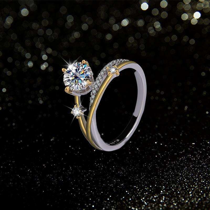 Trumium Moissanite Rings for Women Star Trail Band 925 Sterling Sliver Engagement Ring with Certificate Gold Plated