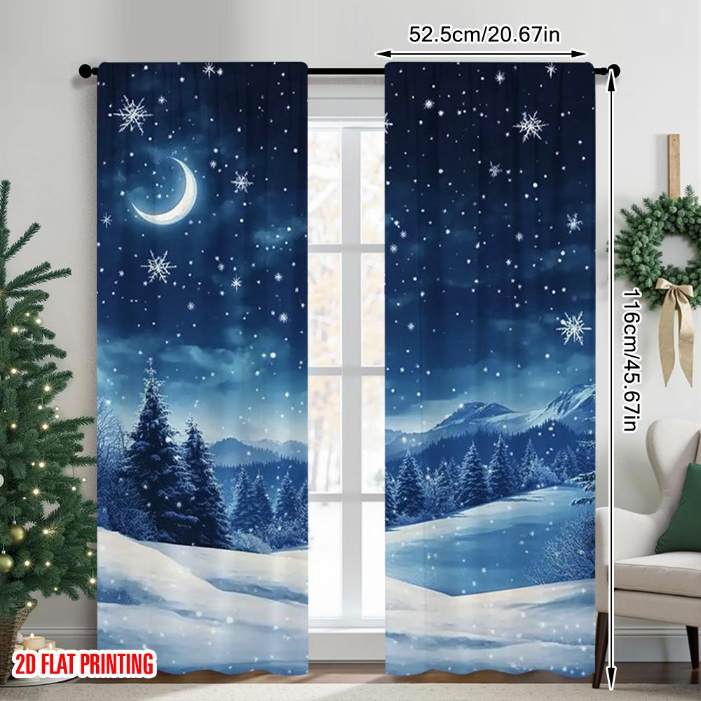 2pcs 2D Flat Printing Merry Christmas Curtains Winter Night Snowflake Versatile Durable Polyester Without Electricity Festive