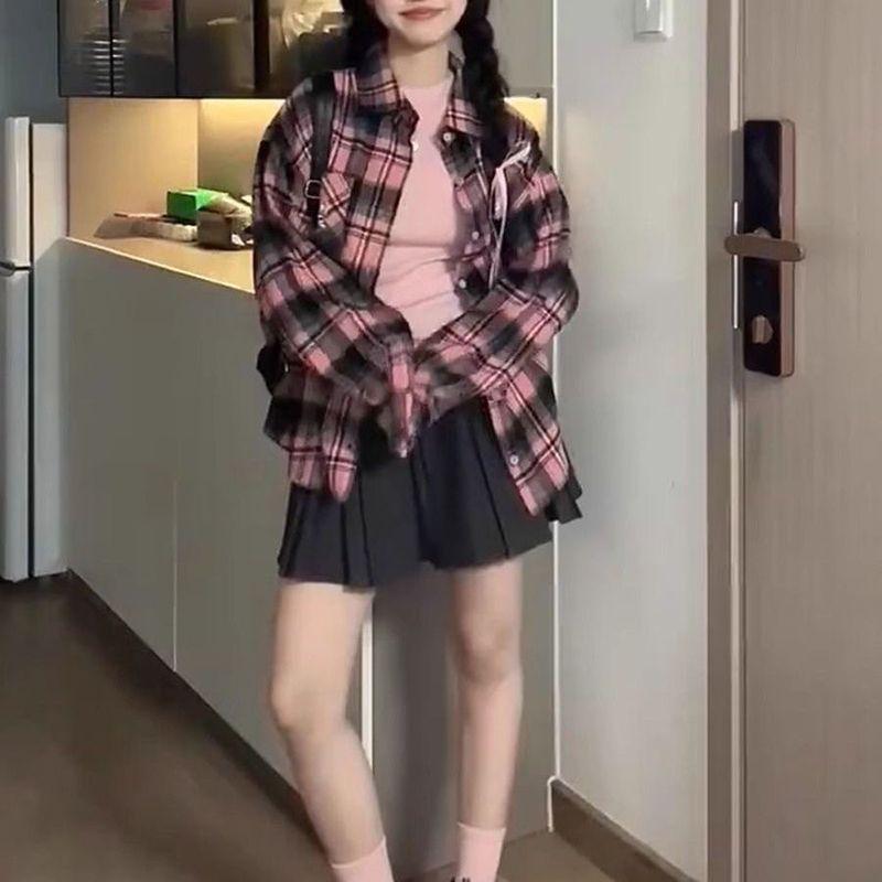 

Американский стиль Мода Весна Осень Новые рубашки Пальто Женские Лацкан Клетка Однобортный Молодежный Повседневный Кардиган с длинным рукавом Куртки S розовый