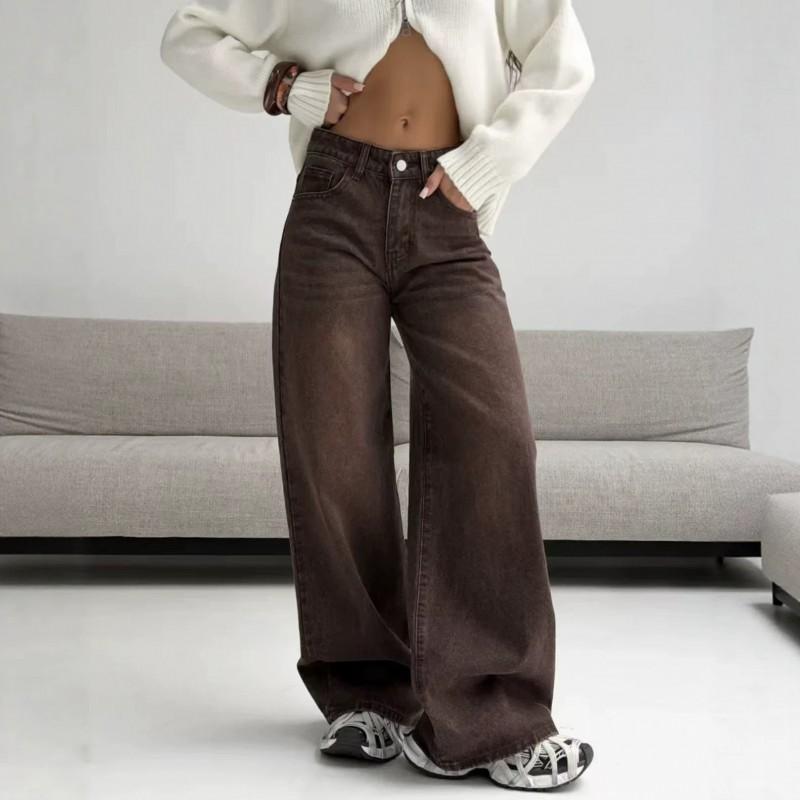 Womens High-Waisted Wide-Leg Straight Jeans Coffee