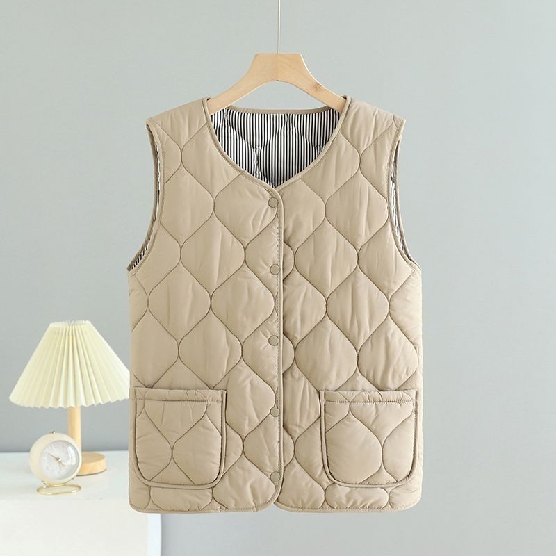 Winter Women's Multi Layer Vest with Storage Bag Thin Lined Button Closure V-neck Sleeveless Solid Color Windproof Heat-retaining Outdoor