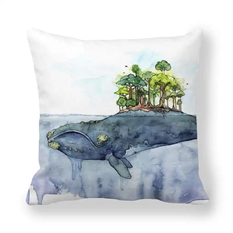 Watercolor Whale Polyester Throw Pillow Cover Sofa Bedside Cushion Pillowcase Ocean Blue Sea Fish Decorative Pillowcases 45X45Cm