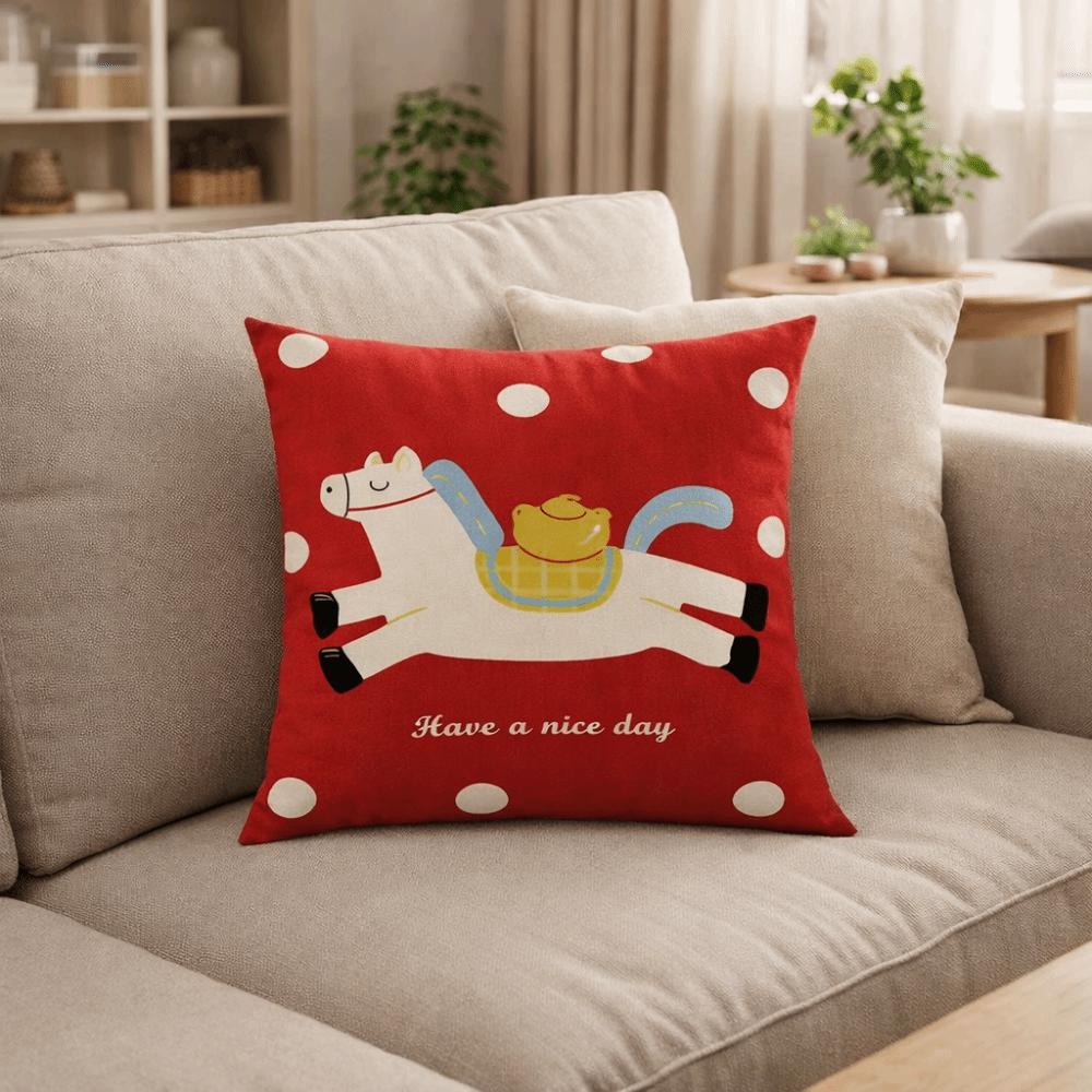 Cartoon Zodiac Horse Pillowcase Soft Festive Square Pillowslip Comfortable Washable Sofa Cushion Cover New Year Decorations