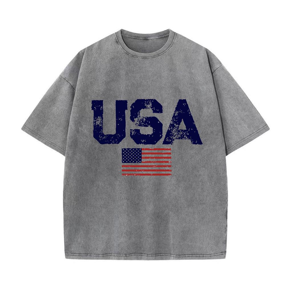 Usa Letters American Flag Stars And Stripes Mens Clothing Loose T-shirt Autumn Pullover T-shirt Retro Washed Vintage T-shirt