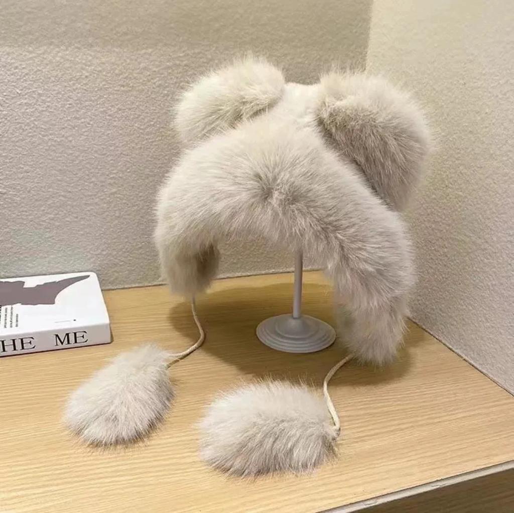New Plush Cute Little Bear Ear Hat Fox Fur Hat Thickened Ear Protection Snow Hat Women's Plush Little Bear Hat Fashion Versatile