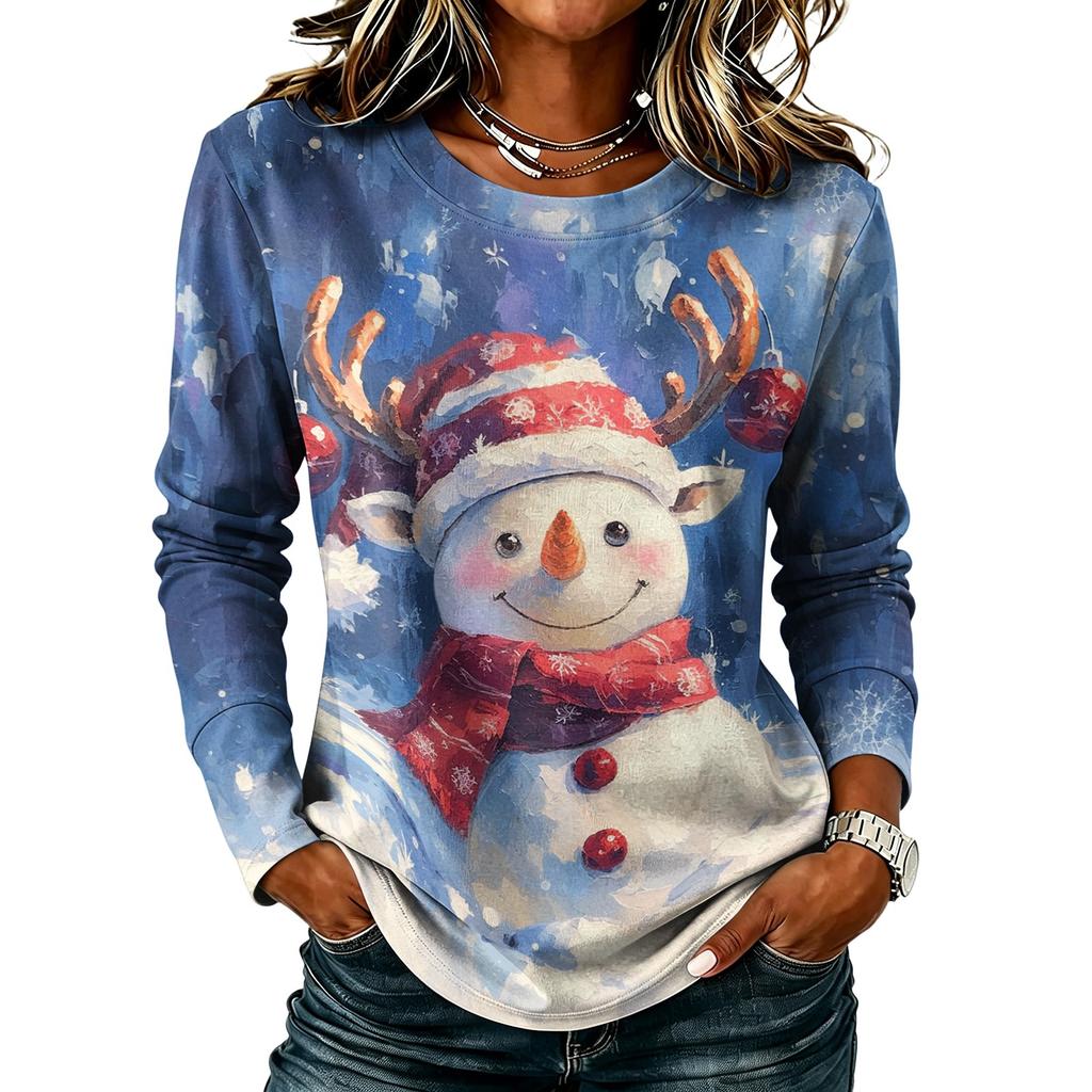 Women's Stylish Casual Christmas Print Long Sleeve Neck Top for Winter Holiday