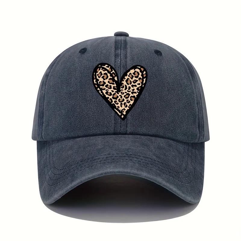 Leopard Heart Print Baseball Cap Unisex Washed Retro Adjustable Sun Hat Casual Sports Cap One Size
