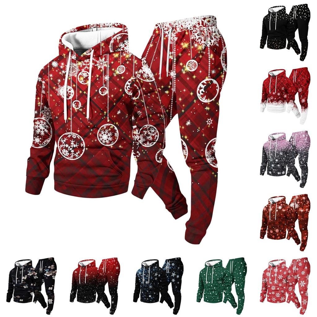 Men's Casual Christmas Print Hoodie and Straight-Leg Sweatpants Two-Piece Set for Holiday Celebration
