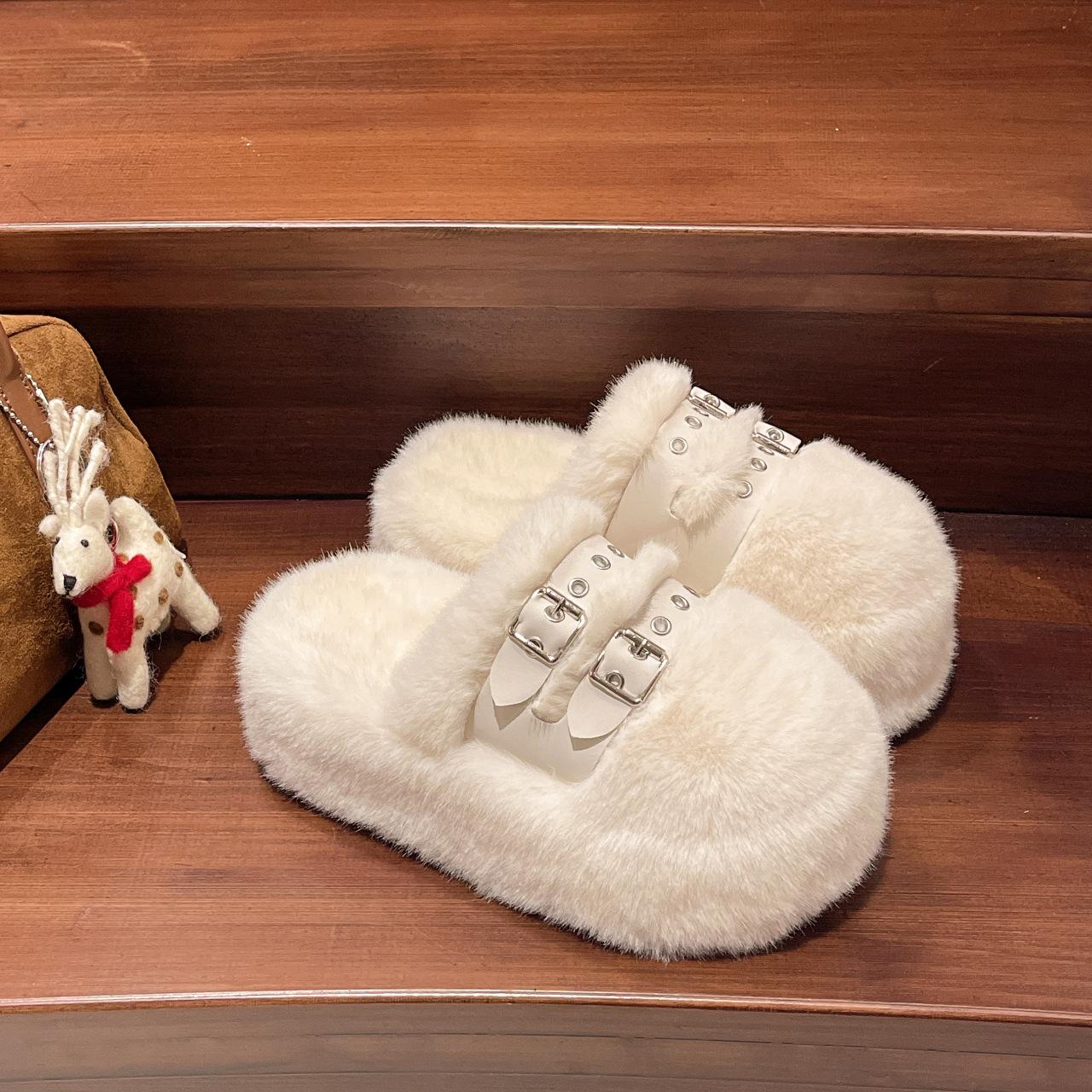 

New bag head hair slippers women s cm thick-soled warm hair shoes comfortable home flat-soled hair slippers 40