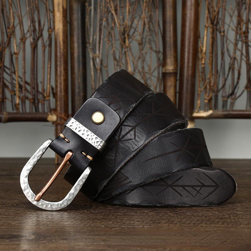 Belt Men's Retro Distressed Carved Top Layer Cowhide Leather Hammered Steel Buckle Korean Style Trendy Jeans Belt