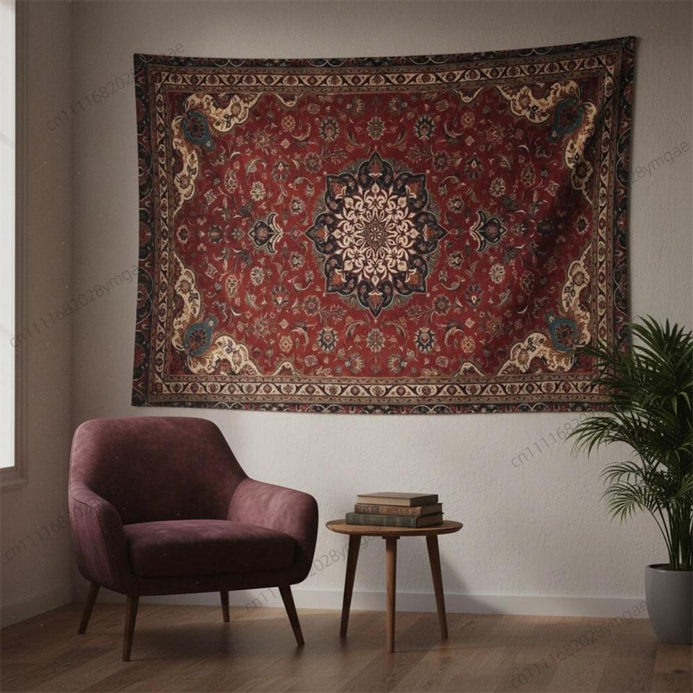 Vintage Tapestry Bohemian Persian Medallion Wall Tapestries Burgundy Oriental Print Wall Hanging Backdrop Cloth Wall Art Decor 100X70CM
