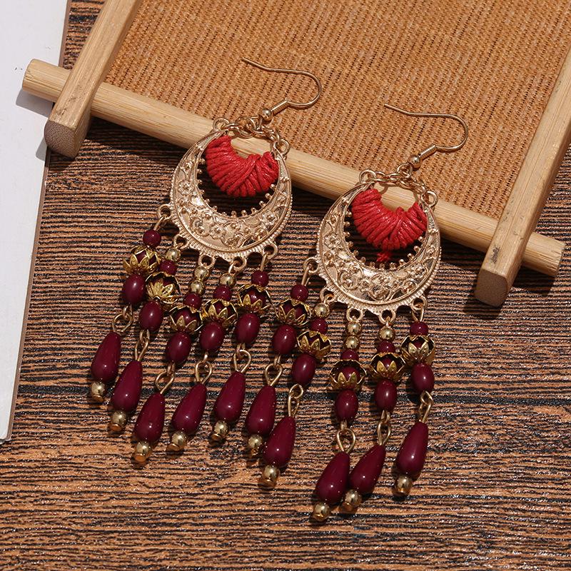 Bohemian Crescent Moon Miyuki Seed Bead Tassel Earrings - Long Ethnic Style Ear Hooks