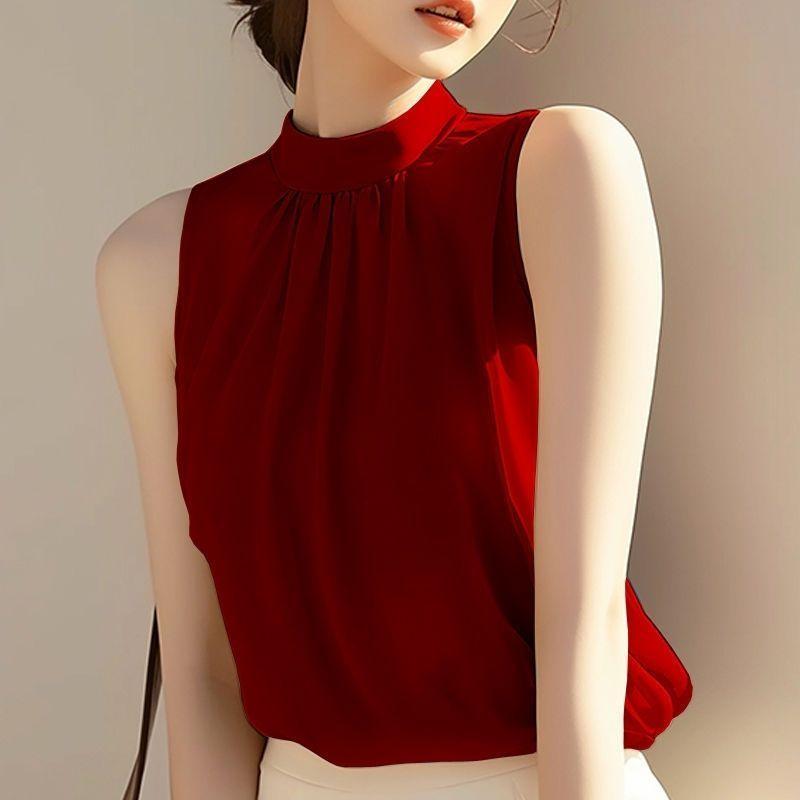 

Женская блузка без рукавов с воротником-стойкой, оранжевая, плиссированная, однотонная, элегантная, повседневная, летний топ S