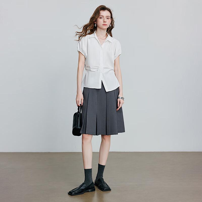 Chuyu Women's Pleated Lantern Sleeve Polo Blouse