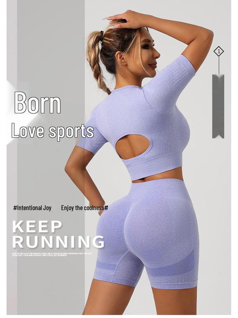 European & American High-Waist Fitness Yoga Shorts with Hollow Short Sleeve.