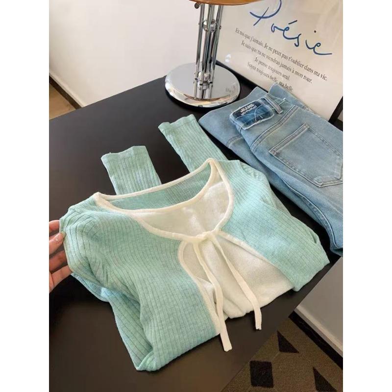 Универсальный зеленый вязаный свитер-обманка из двух частей, женский высококлассный нишевый темпераментный топ, новый S