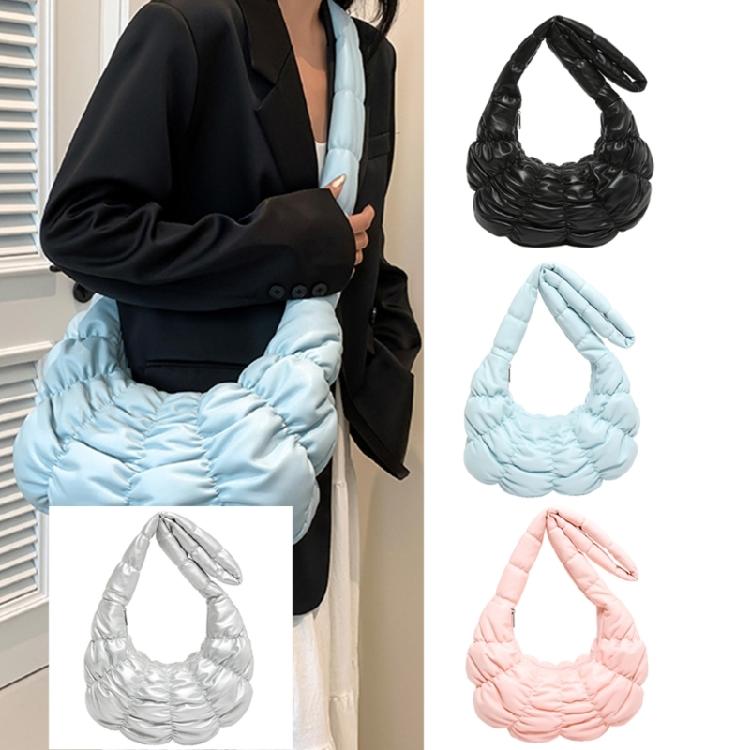 Women Solid Color PU Leather Shoulder Crossbody Bag Pleated Padded Handbag Purse