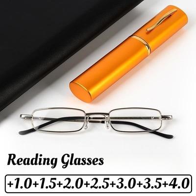 Mini Portable Reading Glasses With Pen Tube Case Vintage Unisex Farsighted Eyeglass Anti Blue Light Presbyopia Eyewear Diopte