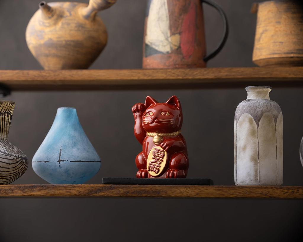 Gingado Maneki Neko (Lucky Cat) - Red Lacquer, Right Paw Raised, Metal, Lucky Cat, Good Luck, Feng Shui Figurine, Takaoka Copperware (Maneki Neko RE)