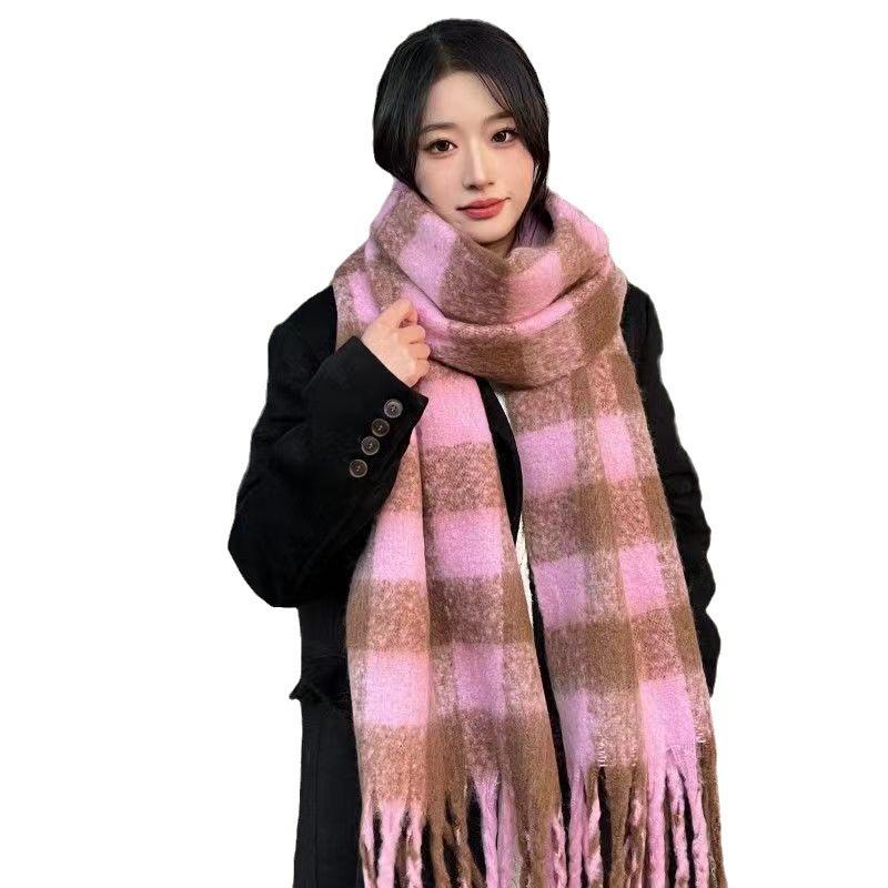 Cachecol Xadrez de Caxemira com Franjas Outono e Inverno Estilo Coreano Feminino Ciclismo Viagem Quente Moda Cachecol Tricotado Xale