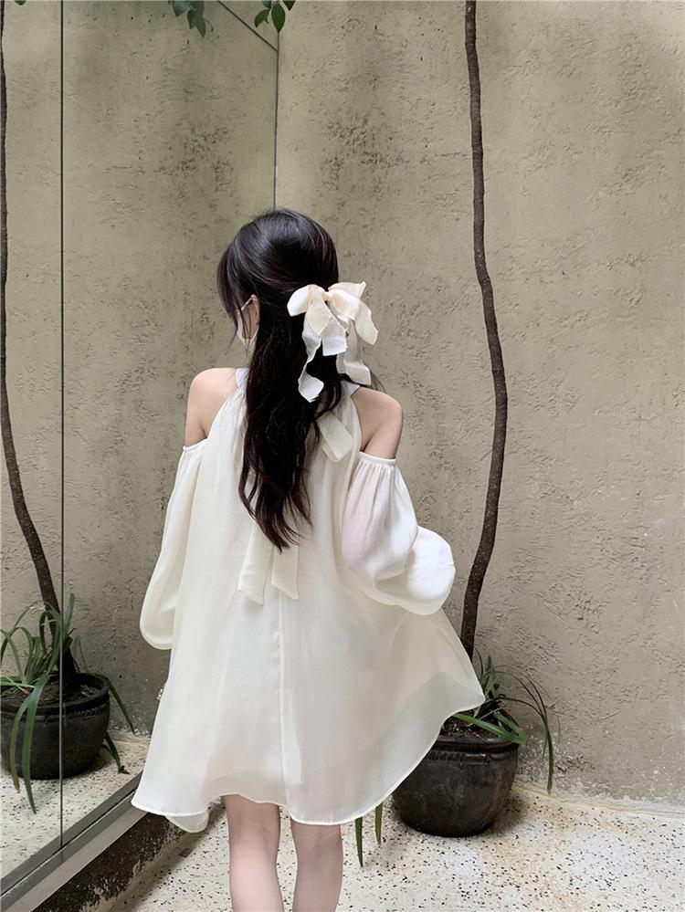 Women's Off-Shoulder Halter Neck White A-Line Dress - Autumn 2025 Fashion