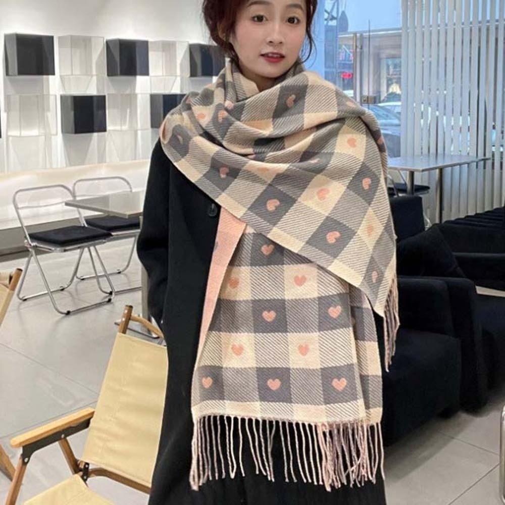 Long Heart Thickened Scarf Acrylic Fibers Tassel Shawl Large Plaid Knitted Scarf Autumn