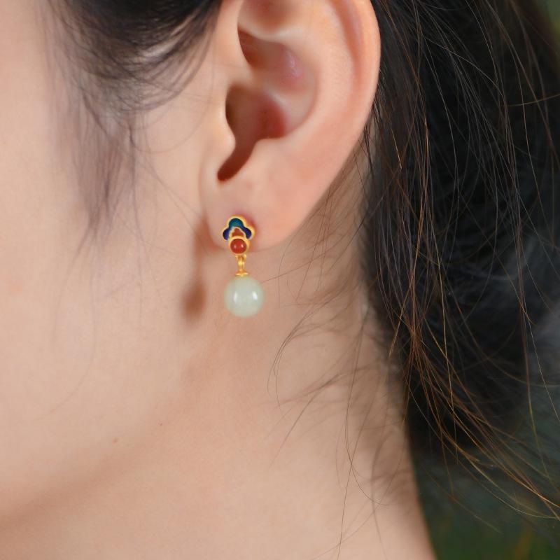 Tichiya High-End 925 Sterling Silver Earrings: Chinese Style Design with Natural White Jade