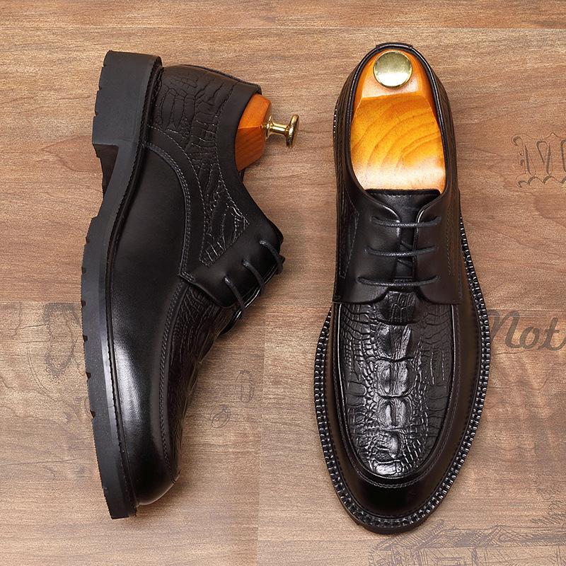 Leather shoes men's low-top crocodile pattern British casual retro lace-up wedding groom shoes 2025