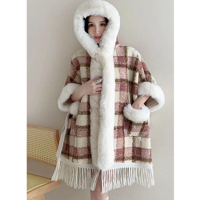 Mit Fleece gefütterter verdickter Schal Großer Pelzkragen Umhang Umhang Oberbekleidung Damen Herbst und Winter Neuankunft stilvolle Kapuzenoberbekleidung