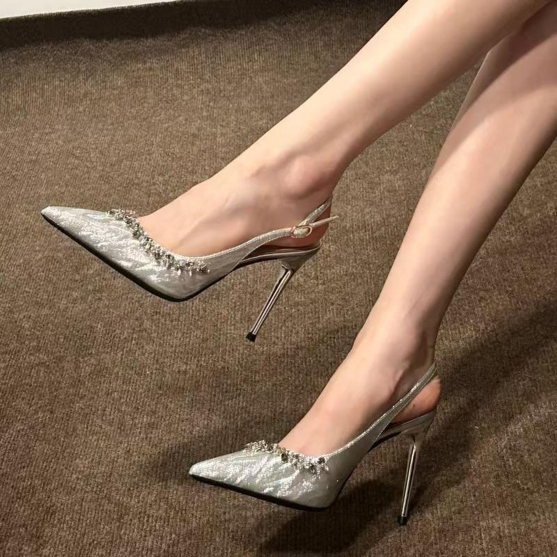 

Stiletto Sandals Women s Pointed Toe Shallow Mouth Sequin Slip Strap Anti-Slip Wear-Resistant High Heels 34