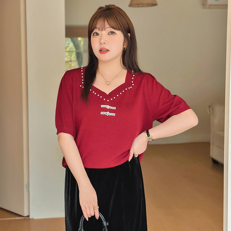 Plus Size T-shirt Women's Beaded Square Neck Blouse Spring Summer Loose Short-sleeved T-shirt Knitwear