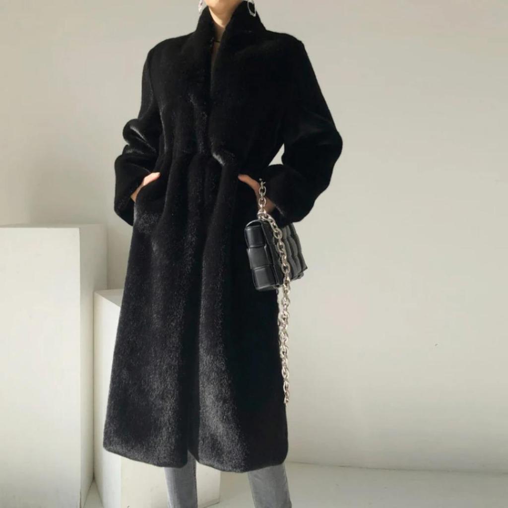 Winter Lang Schwarz Luxuriös Elegant Stilvoll Dick Warm Flauschig Zottelig Weich Faux Nerz Pelzmantel Damen Stehkragen Schärpen