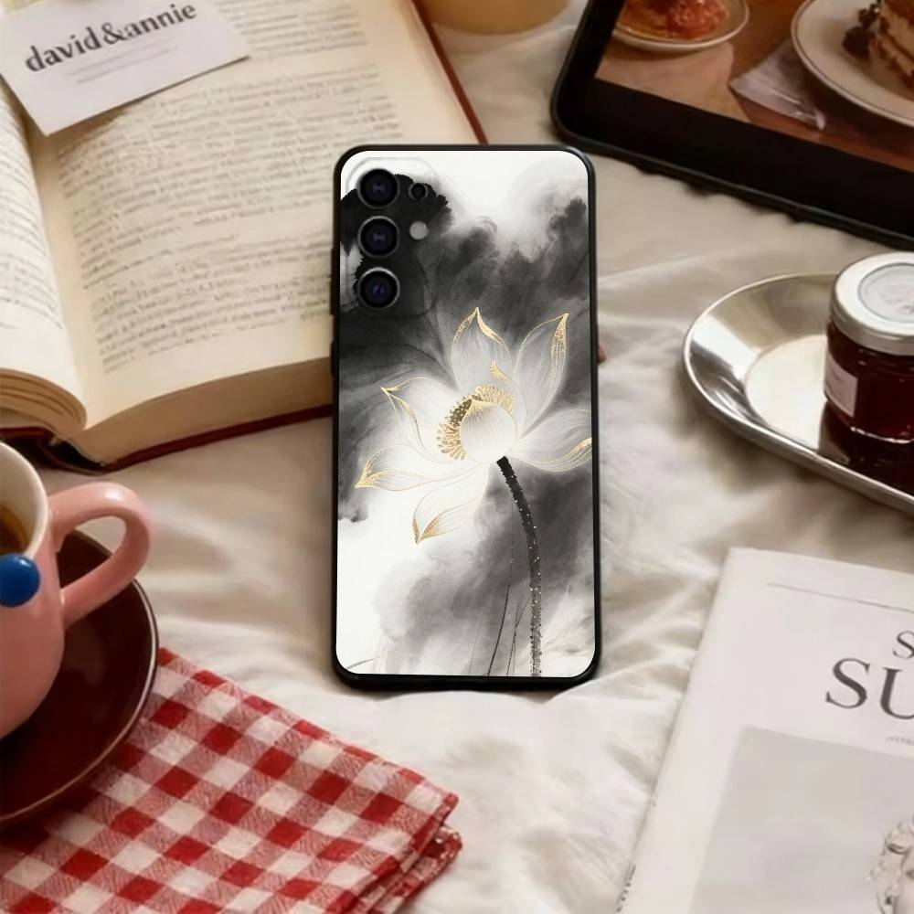 Chinese Ink Lotus Phone Case For Samsung S25,S24,S21,S22,S23,S30,Ultra,S20,Plus,Fe,Lite,Note,10,Black Cover