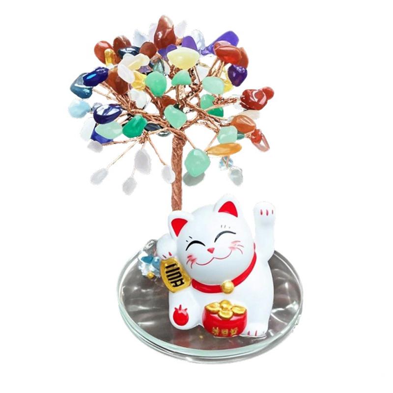 Solar Energy Shake Hands Lucky Cat Base Fate Tree Office Home Natural Crushed Stone Life Tree Handwoven Weaving Decor