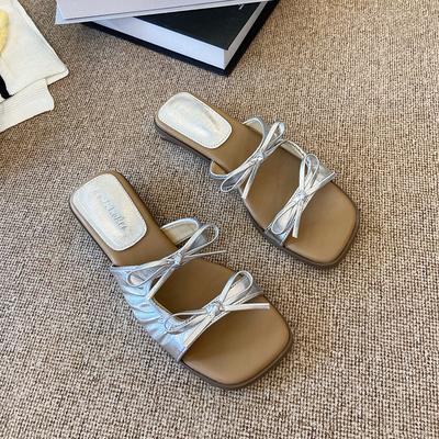 2025 French Square Head Bow Ladies Sandals Summer Outdoor Fairy Style Slippers New Comfortable Flat Beach Shoes One-step Sandals