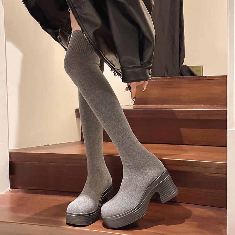 Popular autumn and winter thick-soled knitted boots children's socks long boots elastic over the knee fashion round head medium heel high boots