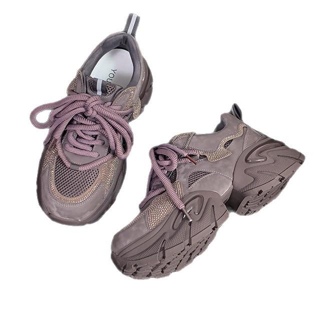 Versatile Rhinestone Dad Shoes for Women 2025 Autumn New Thick-soled Heightened, Breathable, Comfortable and Thin Retro Casual Shoes for Women