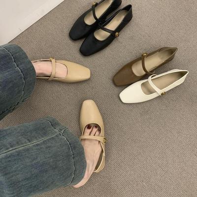 Einfaches und vielseitiges Wort mit Mary Jane Schuhen mit quadratischer Spitze Damenschuhe flache aprikosenfarbene Einzel Schuhe Damen