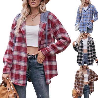 2024 Nova Tendência Outono e Inverno Casual Simples Com Capuz Botão Xadrez Moda Jaqueta Temperamento Solto Deslocamento Camisa Feminina